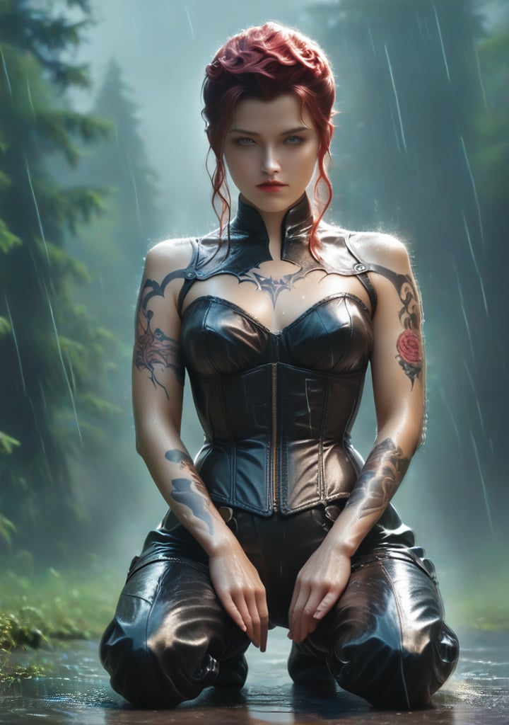 realistic, long dark red hair, kneeling, legs close to eachother, tattoos, translucent, dark fantasy background, front facing, full body view, detalied body, detailed hands, perfect silver eyes, leather dody suit, raining, leather corset, hair jewlery, hands resting on her knees, storm background, asking for forgiveness