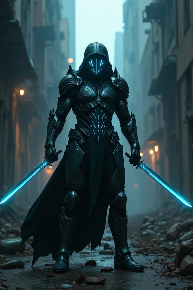 In a dimly lit, dystopian metropolis, a futuristic warrior stands tall, clad in an extraordinary full-body suit of armor. The intricately detailed armor glows with a soft, ethereal light, accentuating the cybernetic enhancements that seem to pulse with energy. With his dual daggers crossed before him, he assumes a dynamic pose, exuding confidence and readiness to strike. His piercing ice-blue eyes seem to bore into the darkness, as if daring any challenger to approach. The faintly glowing patterns on his armor add an otherworldly touch, blending seamlessly with the shadows that envelop him like a dark cloak. The air is electric with tension as he prepares for battle, surrounded by the ruins of a once-great cityscape. Cinematic lighting casts deep, dramatic shadows, highlighting the intricate design and mastery of Artgerm and Greg Rutkowski in this 8K digital painting masterpiece.