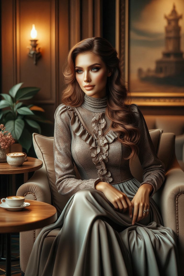 A stunning woman with piercing blue eyes sits poised in a cozy coffee cafe, surrounded by warmth and opulence. She wears a ravishing turtleneck dress with intricate ruffles and a long flared skirt that cascades down her figure, exuding elegance. The cafe's plush seating and elegant decor create an inviting atmosphere, warmly lit to emphasize the woman's refined features. Framed against rich wood tones, she sits regally, her dress flowing around her like a velvet cloak. 