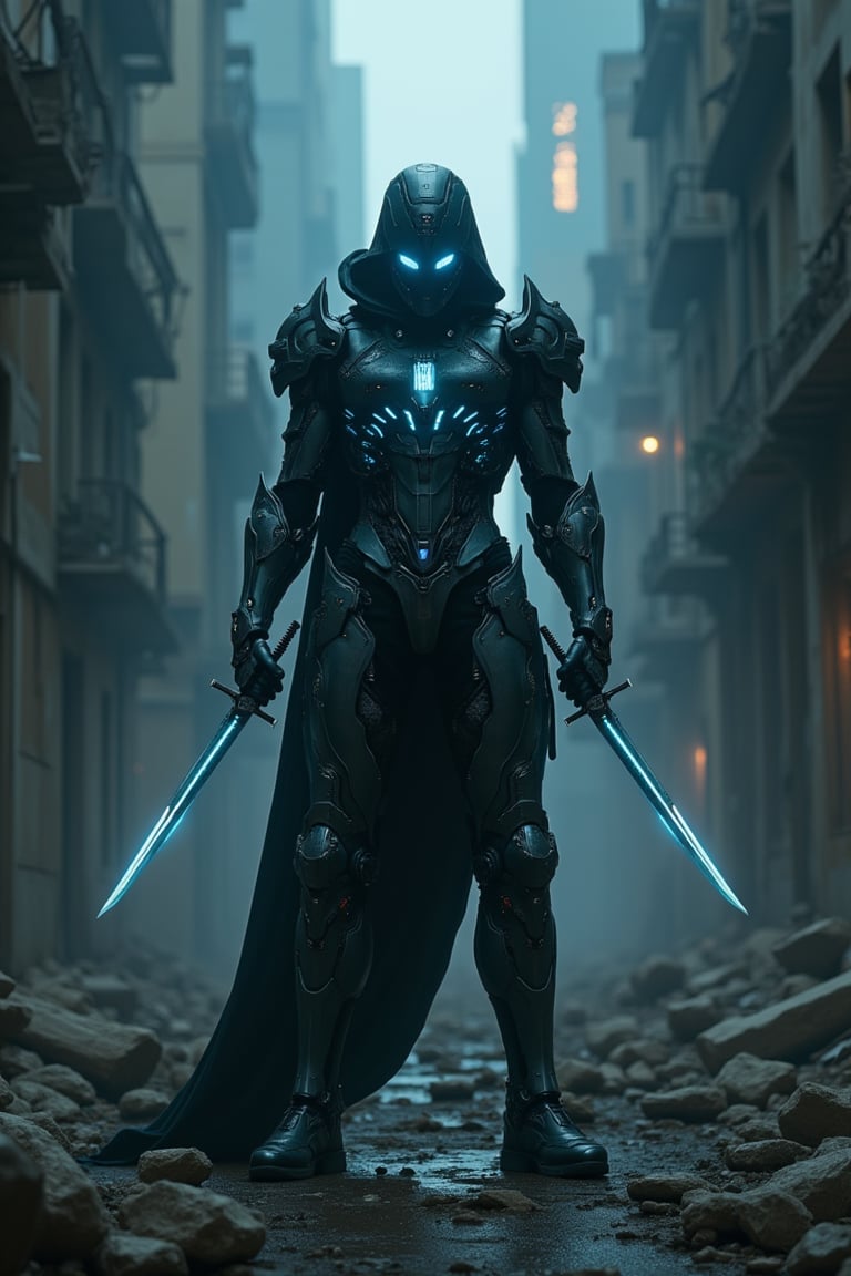 In a dimly lit, dystopian metropolis, a futuristic warrior stands tall, clad in an extraordinary full-body suit of armor. The intricately detailed armor glows with a soft, ethereal light, accentuating the cybernetic enhancements that seem to pulse with energy. With his dual daggers crossed before him, he assumes a dynamic pose, exuding confidence and readiness to strike. His piercing ice-blue eyes seem to bore into the darkness, as if daring any challenger to approach. The faintly glowing patterns on his armor add an otherworldly touch, blending seamlessly with the shadows that envelop him like a dark cloak. The air is electric with tension as he prepares for battle, surrounded by the ruins of a once-great cityscape. Cinematic lighting casts deep, dramatic shadows, highlighting the intricate design and mastery of Artgerm and Greg Rutkowski in this 8K digital painting masterpiece.