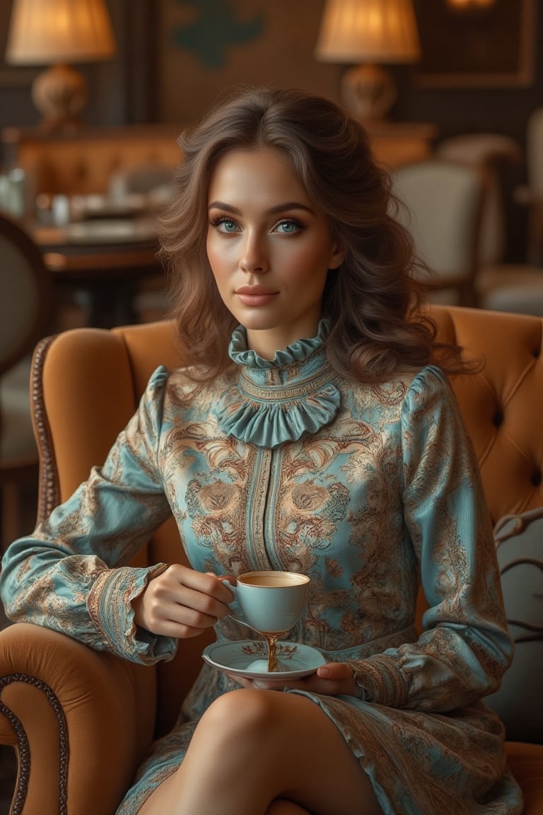 A stunning woman with piercing blue eyes sits effortlessly in a plush armchair at a cozy coffee cafe, her turtleneck ruffle dress a masterpiece of elegance. Intricate ruffles adorn her dress as she sips from a delicate cup, surrounded by warmly lit wooden tables and richly upholstered chairs. The inviting atmosphere is complete with elegant decor and plush seating, drawing the viewer's eye to the woman's refined presence amidst the luxurious setting.