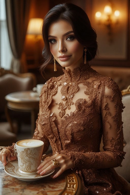 A ravishing woman with piercing blue eyes sits poised in a cozy coffee cafe, surrounded by warmth and opulence. She wears a stunning turtleneck dress with intricate ruffles, flowing down her figure like a golden waterfall, against rich wood tones. Warm lighting highlights her refined features amidst elegant decor, as she sits regally on plush seating, exuding elegance and sophistication.