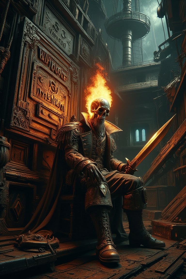 Dimly-lit hold of an abandoned junk ship, low-contrast lighting casts eerie shadows. Captain Tokmad sits manfully, his flaming head aglow, unique sword leaning against weathered pirate ship hull. Weathered board at his back reads 'UNKNOWM' in bold 3D embossed font. Analogue colors evoke foreboding as captain's fiery visage seems to ignite the scene.