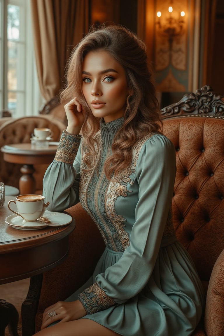 A stunning woman with piercing blue eyes sits effortlessly in a plush armchair at a cozy coffee cafe, her turtleneck ruffle dress a masterpiece of elegance. Intricate ruffles adorn her dress as she sips from a delicate cup, surrounded by warmly lit wooden tables and richly upholstered chairs. The inviting atmosphere is complete with elegant decor and plush seating, drawing the viewer's eye to the woman's refined presence amidst the luxurious setting.