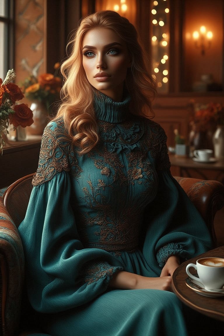 A stunning woman with piercing blue eyes sits poised in a cozy coffee cafe, surrounded by warmth and opulence. She wears a ravishing turtleneck dress with intricate ruffles and a long flared skirt that cascades down her figure, exuding elegance. The cafe's plush seating and elegant decor create an inviting atmosphere, warmly lit to emphasize the woman's refined features. Framed against rich wood tones, she sits regally, her dress flowing around her like a velvet cloak. 