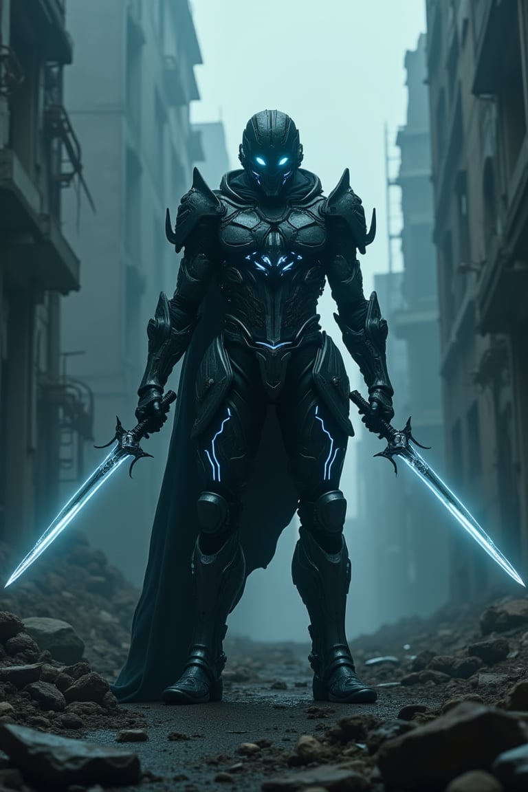 In a dimly lit, dystopian metropolis, a futuristic warrior stands tall, clad in an extraordinary full-body suit of armor. The intricately detailed armor glows with a soft, ethereal light, accentuating the cybernetic enhancements that seem to pulse with energy. With his dual daggers crossed before him, he assumes a dynamic pose, exuding confidence and readiness to strike. His piercing ice-blue eyes seem to bore into the darkness, as if daring any challenger to approach. The faintly glowing patterns on his armor add an otherworldly touch, blending seamlessly with the shadows that envelop him like a dark cloak. The air is electric with tension as he prepares for battle, surrounded by the ruins of a once-great cityscape. Cinematic lighting casts deep, dramatic shadows, highlighting the intricate design and mastery of Artgerm and Greg Rutkowski in this 8K digital painting masterpiece.