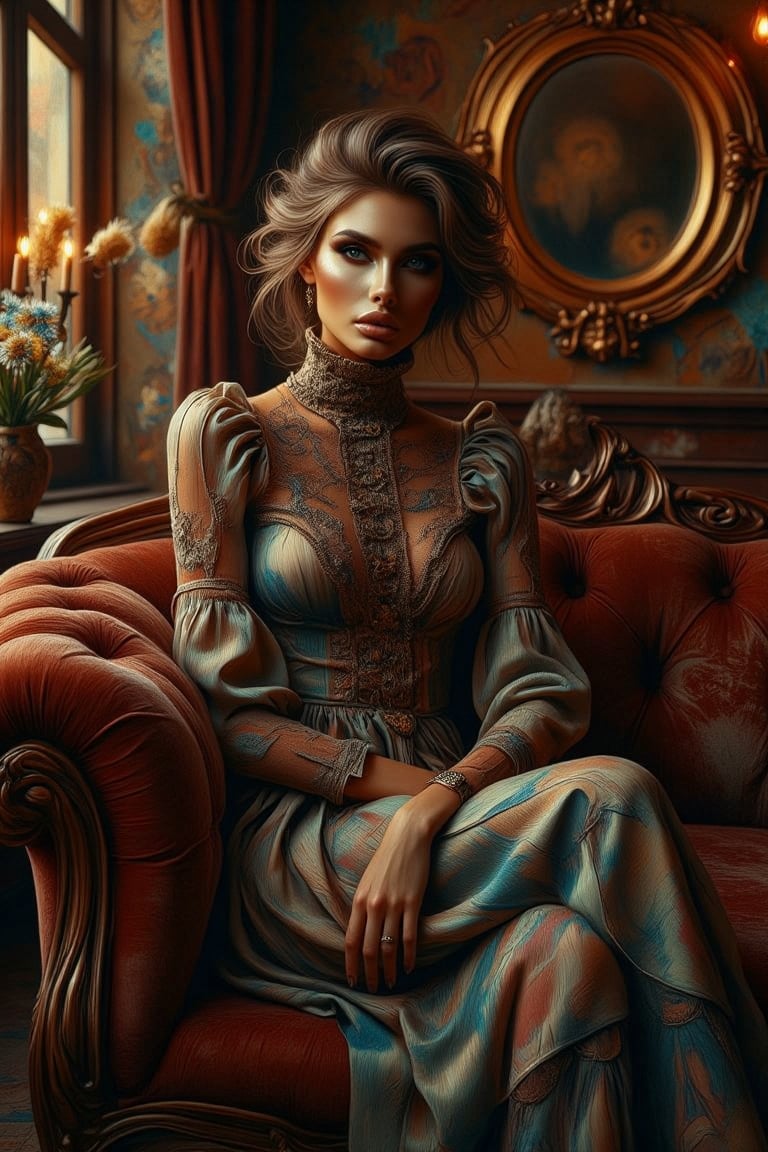 A majestic woman with piercing blue eyes settles into a plush sofa within a warm, opulent coffee cafe. Her ravishing turtleneck dress with intricate ruffles and flared skirt drapes elegantly over her refined figure as golden light highlights her features. Framed by rich wood tones, she sits regally amidst ornate mirrors, antique furnishings, and velvety darkness, inviting the viewer into this intimate, cozy space.