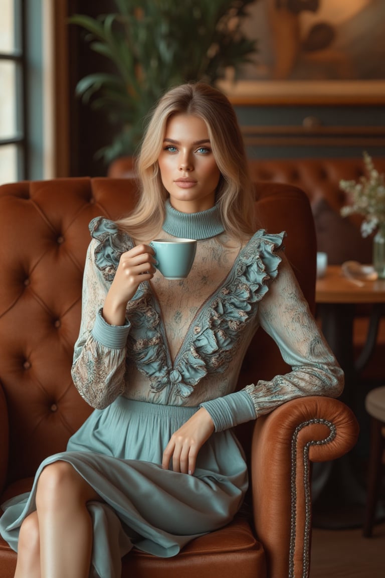 A stunning woman with piercing blue eyes sits effortlessly in a plush armchair at a cozy coffee cafe, her turtleneck ruffle dress a masterpiece of elegance. Intricate ruffles adorn her dress as she sips from a delicate cup, surrounded by warmly lit wooden tables and richly upholstered chairs. The inviting atmosphere is complete with elegant decor and plush seating, drawing the viewer's eye to the woman's refined presence amidst the luxurious setting.