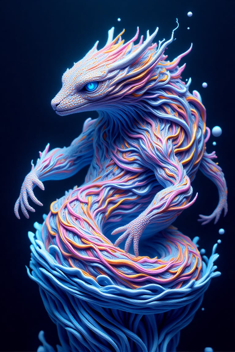 An electrically charged quantum serpent coils tightly at the center of a pristine still, its rainbow-hued scales shimmering with otherworldly brilliance. This mesmerizing