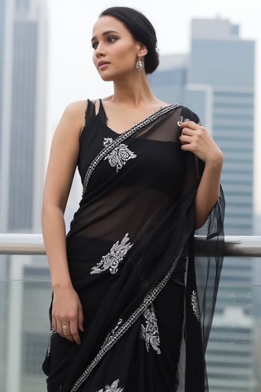 A fashion-forward Bangladeshi model in a modern black chiffon sari with silver accents, posing confidently in front of a contemporary city skyline. She pairs the sari with a sleeveless blouse, bold makeup, and minimalistic jewelry, creating a blend of modern fashion and traditional elegance in an urban setting.