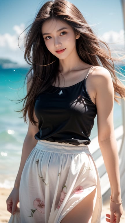 background is CAPRI,island of Italy, sea,horizon,beach,1 girl, 18 yo, beautiful girl, indian girl,wearing black sleeveless shirts and white wide skirts(flower pattern),standing on beach,happy smile,
solo, {beautiful and detailed eyes}, dark eyes, calm expression, delicate facial features, ((model pose)), Glamor body type, slim waist,(dark hair),very_long_hair, hair past hip,dreadlocks,pale skin,detailed skin,hairpins, flim grain, realhands, masterpiece, Best Quality, 32k, vivid color,photorealistic, ultra-detailed, finely detailed, high resolution, perfect dynamic composition, beautiful detailed eyes, sharp-focus, cowboy_shot, 