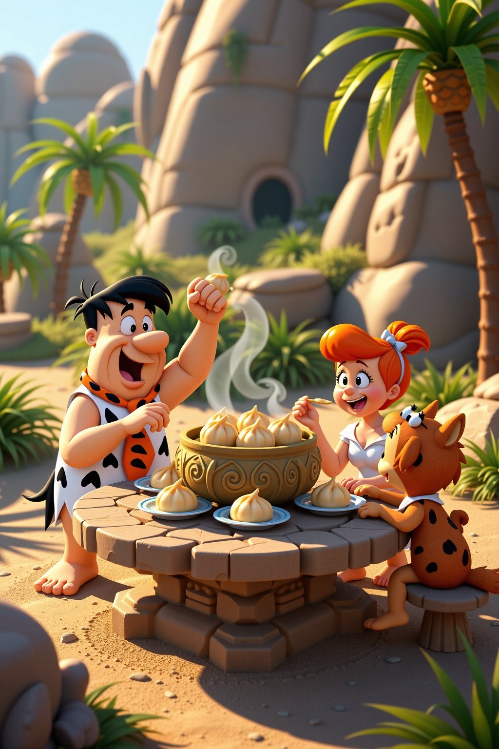 In a whimsical prehistoric setting,  the Flintstones gather around a rustic stone table,  joyfully indulging in a feast of...