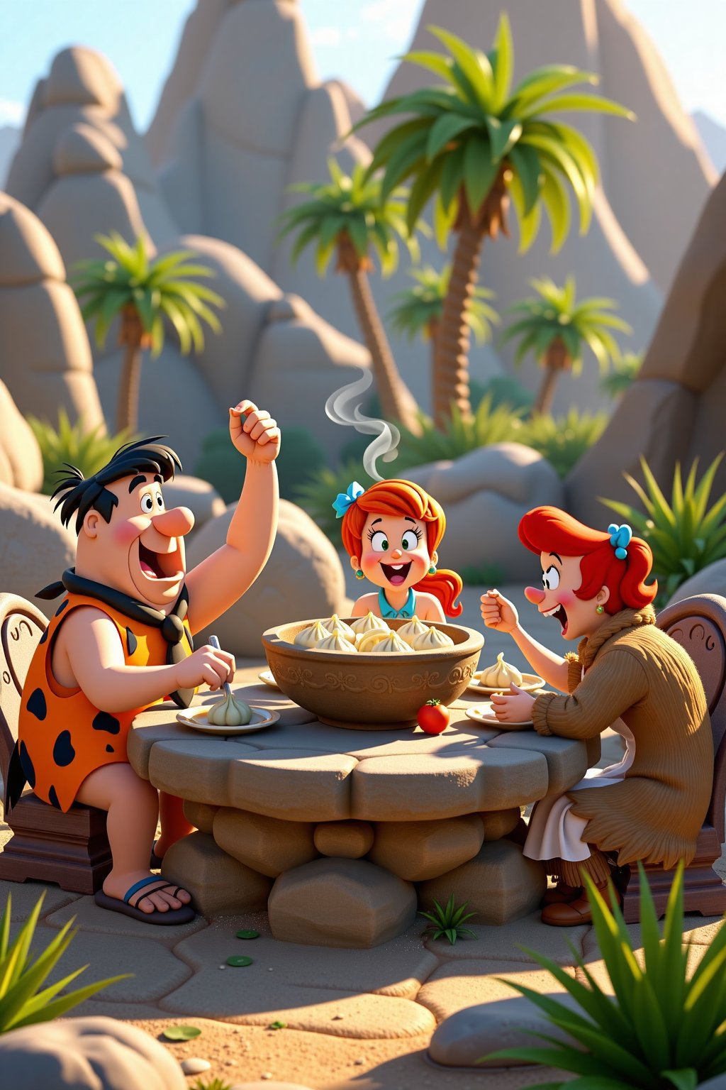 In a whimsical prehistoric setting,  the Flintstones gather around a rustic stone table,  joyfully indulging in a feast of...