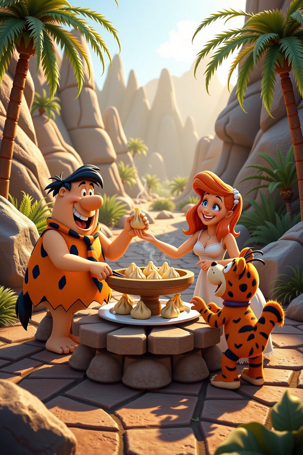In a whimsical prehistoric setting,  the Flintstones gather around a rustic stone table,  joyfully indulging in a feast of...