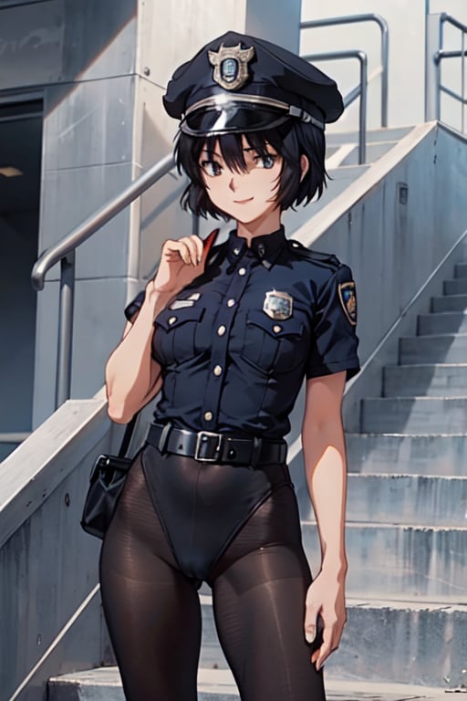 Mikoto Urabe ,BCop, belt, policewoman, leotard, black tights, police hat, peaked cap, calm smile