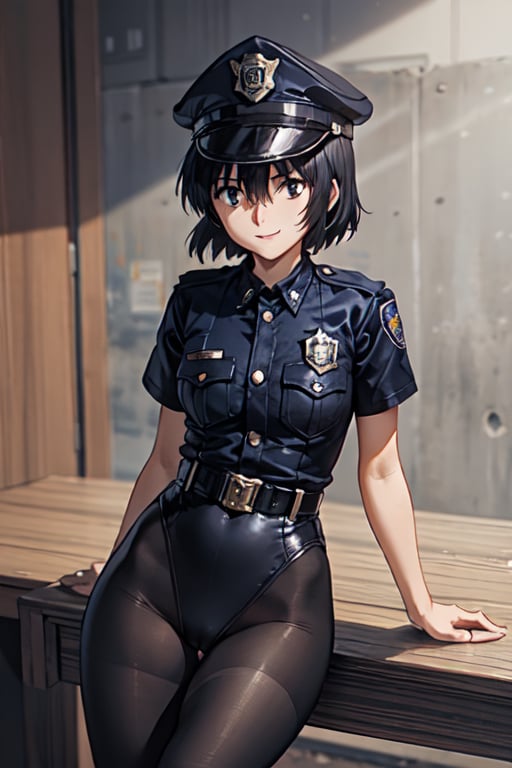 Mikoto Urabe ,BCop, belt, policewoman, leotard, black tights, police hat, peaked cap, calm smile, leaning_to_the_side