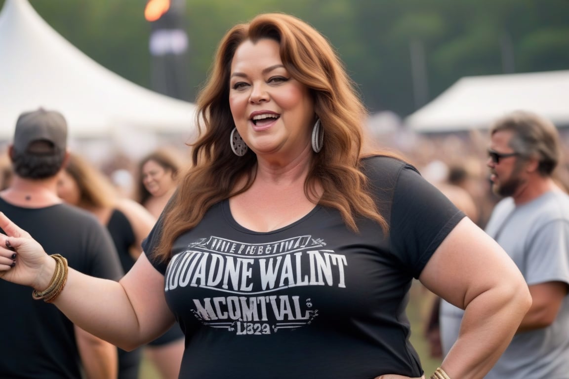 a plus size 50-year-old woman, Natural, curvy, tight (T-shirt), big chest, with long hair, at a music festival