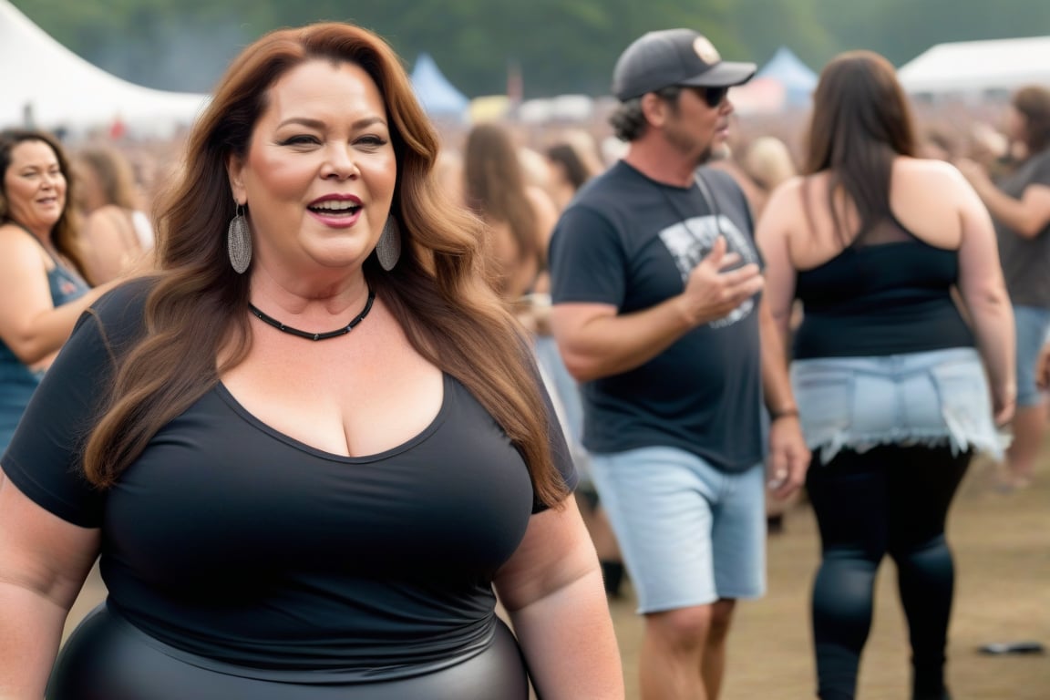 a plus size 50-year-old woman, Natural, curvy, tight (T-shirt), big chest, with long hair, at a music festival