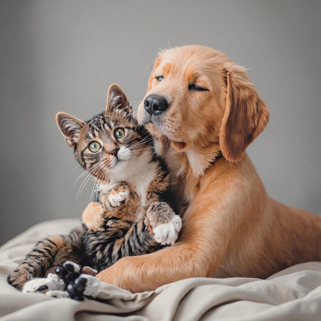 realistic photo, dog and cat hugging with paws