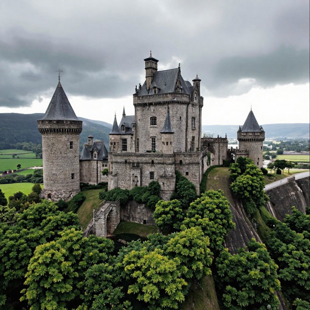 A medieval castle on a rocky cliff, towering over a lush, green landscape. Massive stone walls and turrets, narrow windows, drawbridge over a deep moat. Overcast sky with dramatic clouds, creating a moody, atmospheric scene.