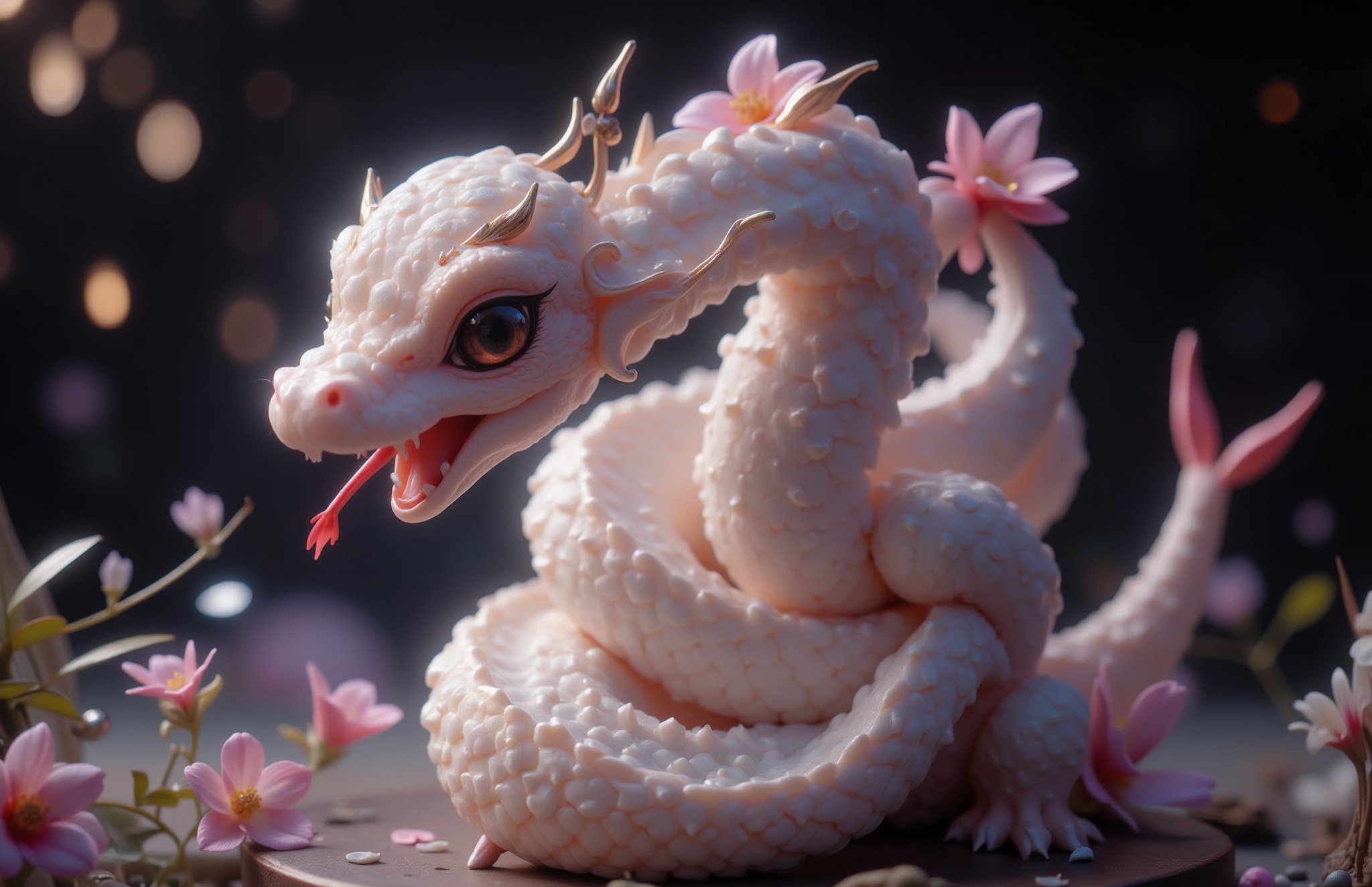 diorama. Kawaii. Cute white snake, big eyes, shiny, expectant, vibrant new black background, beautiful and unforgettable photo, VNS_Add more details, cool_Anime, create image 2