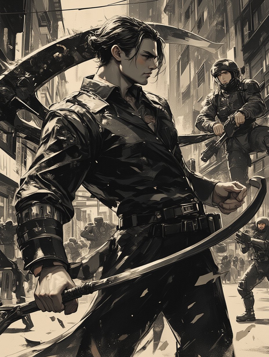 manga magazine cover poster, detailed realistic 3d, rough charcoal with zen brush calligraphy, monochromatic, closeup, burning synaptic energy aura, Yakuza wielding spiked scythe, torn business suit, night downtown, surrounded by tanks, battle scene against tactical soldiers, motion lines, attention lines, by shinkiro Bengus