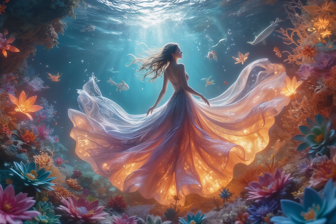 A ballerina with an elegant flowing gown dancing gracefully through an underwater dreamscape at twilight. The scene is captured from a low-angle shot, highlighting the fluid motion of the gown. Soft, diffused lighting creates shimmering highlights on the ballerina's surface, with subtle bubbles emphasizing her movements. The background features delicate papercut art of sea creatures, all blurred to accentuate the ballerina's movement. The luminescent underwater glow enhances the overall ethereal atmosphere.,UnderwaterElegance,PapercutArt,Fantasy detailers 