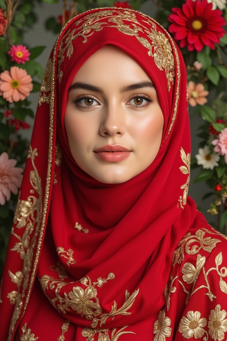 women wearing red hijab, floral decorations, vibrant colors, soft lighting, detailed textures, artistic composition, flowers in various colors, gold accents, blurred background, natural elements, artistic style, focus on individual, intricate details, visually appealing, balanced composition, use of depth, ethereal atmosphere.,Dyn4Kay,Enhanced all