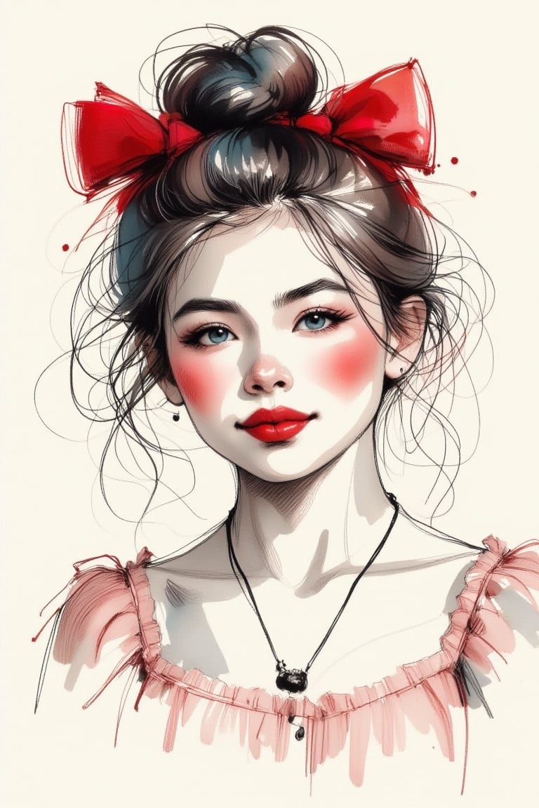 Create an illustration of a young girl with bright blue eyes and rosy cheeks, styled in a whimsical and dreamy manner. Her hair is in a messy bun adorned with two large red bows. The girl should have a playful expression, as if blowing a kiss, set against a soft, light background. Use a combination of watercolor, oil painting, and messy pen techniques to give the artwork a textured and artistic feel.,WatercolorWash,Syazi89