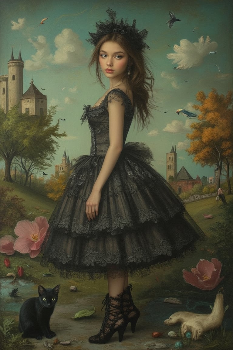 A whimsical scene inspired by Nicoletta Ceccoli and Daria Petrilli, featuring a woman with a black cat. The composition is framed mid-shot, capturing her elegant pose and the intricate details of her attire. The lighting is soft and dreamlike, casting a gentle glow on the scene. The background is a fantastical, surreal landscape with vibrant colors and whimsical elements, emphasizing the magical atmosphere. The black cat is depicted with playful, endearing features, adding to the enchanting mood.,J4d3