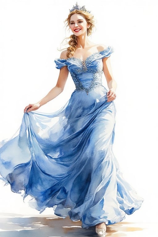 Elegant woman, blonde braid, distinguished, regal bearing. Royal blue, white and black ink, white background, Beautiful flowing dress, tiara. Shy smile. Realistic. Full body view. Happy expression, dancing. espressive eyes. Upper body.
Setting: Ballroom, white marble, sunlight, serene.
Art Style: Watercolour, Detail Level: Highly detailed, realistic. Masterpiece, High Quality Illustration. 
