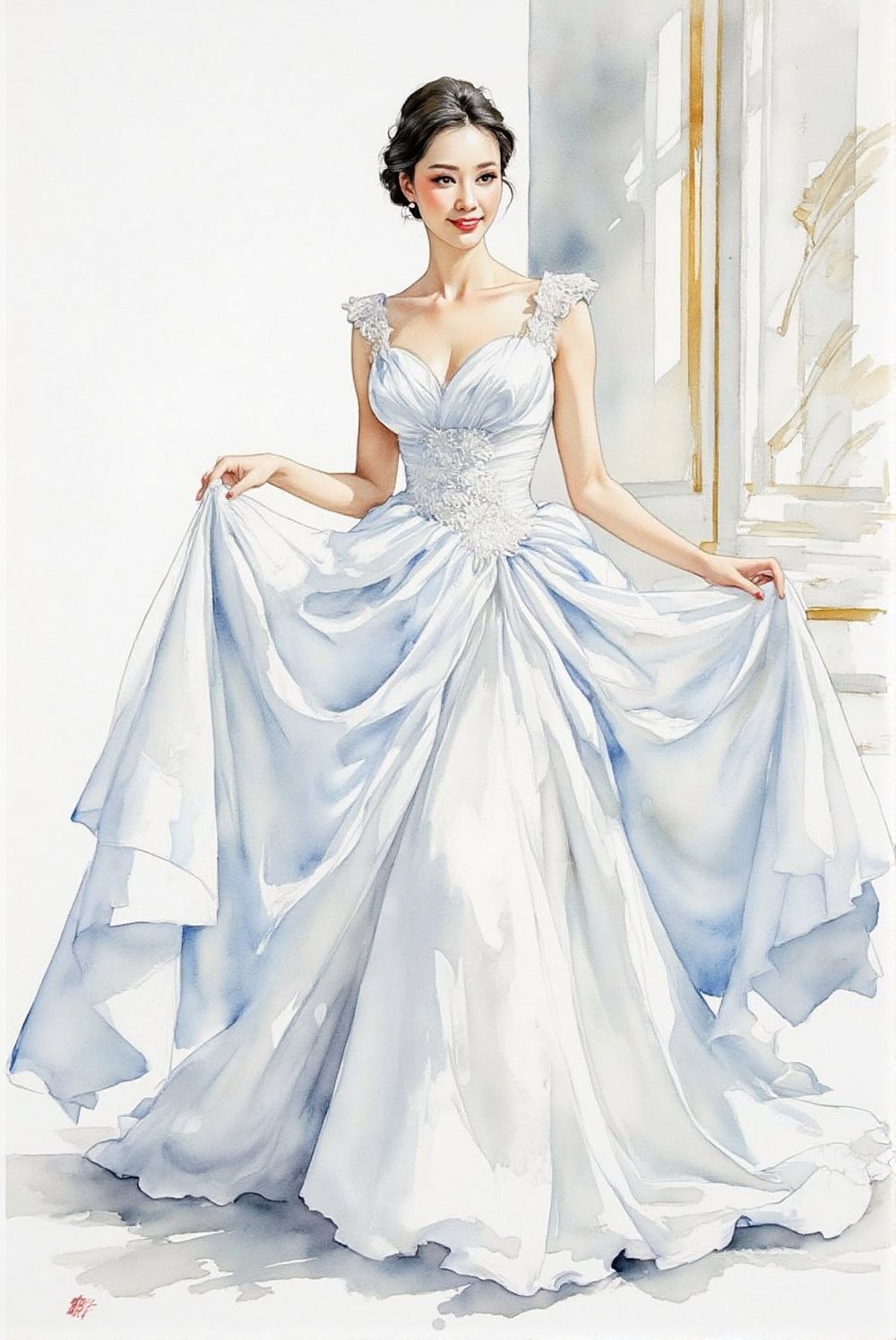 A beautiful, elegant japanese woman, happy modest expression, expressive eyes, distinguished, regal bearing. blue, white and black ink, white background.
She is wearing a visually striking, magnificent, flowing white wedding dress.

Setting: Ballroom, white marble, sunlight shines in, serene.
Art Style: Watercolour. 
Detail Level: Highly detailed, realistic. Masterpiece, High Quality Illustration.