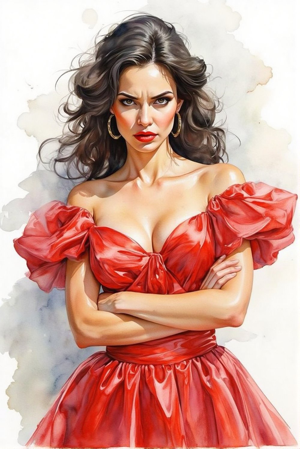 A beautiful, elegant latina woman, annoyed with you, angry expression, expressive eyes, red lipstick, distinguished, regal bearing. red, white and black ink, white background. Long curly black hair. Gold hoop earrings.
She is wearing a visually striking, magnificent, flowing scarlet red dress.
Upper body shot. Arms crossed.

Setting: Ballroom, white marble, sunlight shines in, serene.
Art Style: Watercolour. 
Detail Level: Highly detailed, realistic. Masterpiece, High Quality Illustration.