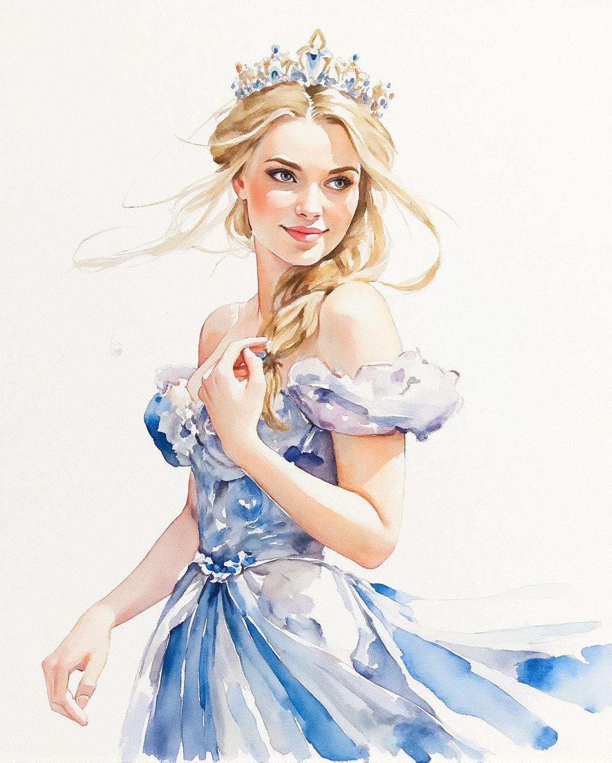 Elegant woman, blonde braid, distinguished, regal bearing. Royal blue, white and black ink, white background, Beautiful flowing dress, tiara. Shy smile. Realistic. Happy expression, dancing. espressive eyes. Upper body shot.
Setting: Ballroom, white marble, sunlight, serene.
Art Style: Watercolour, Detail Level: Highly detailed, realistic. Masterpiece, High Quality Illustration. 
