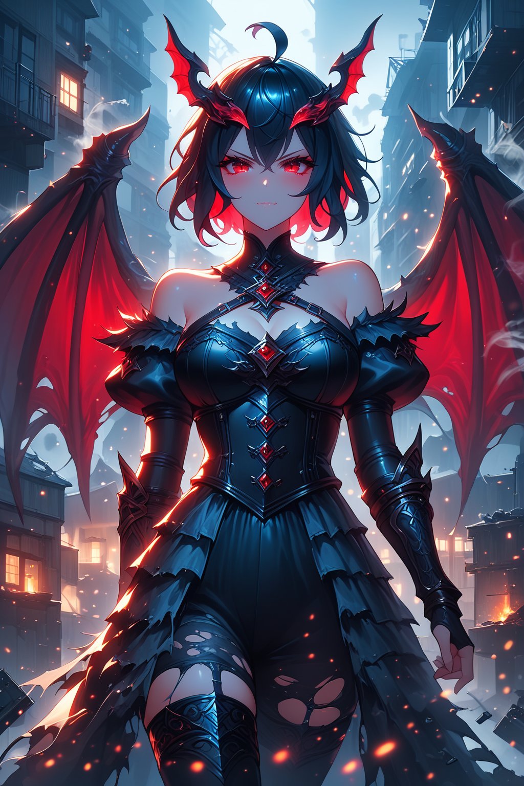 score_9, score_8_up, score_7_up, 1woman, ((dragon girl, dragon ears, dragon wings)), solo, blush, (arrogant smirk), ((black hair, short hair)), forehead , (red eyes), HD32k, ((fantasy world, standing arrogantly on a medieval city walls edge, completely destroyed medieval city consumed by fire and smoke behind her)), looking at viewer, Expressiveh, high definition eyes, high gradient eyes, eyesHD, detailed eyes, destruction, ruined, collapsed