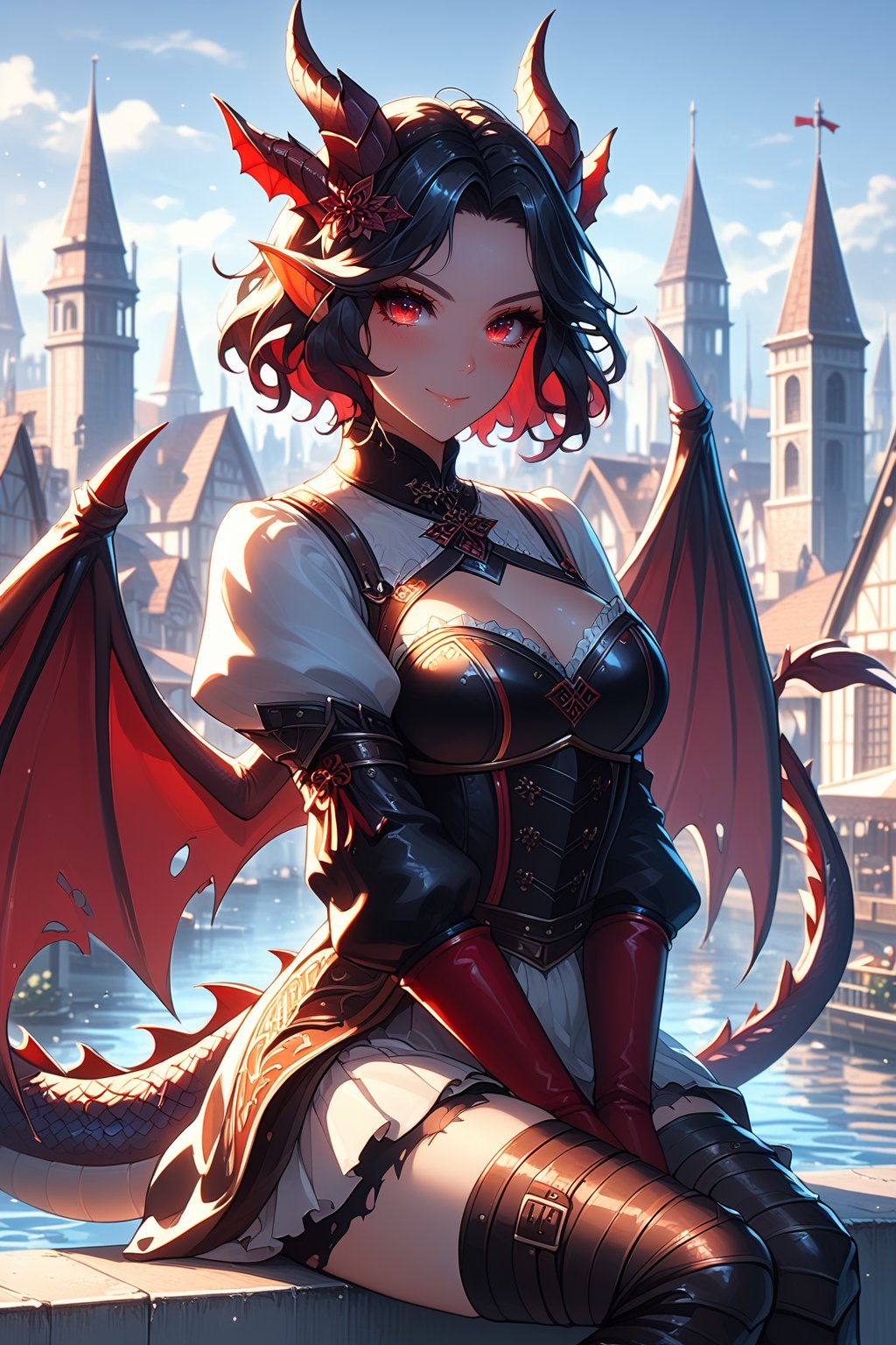 score_9, score_8_up, score_7_up, 1woman, ((dragon girl, dragon ears, dragon wings)), solo, blush, (arrogant smirk), ((black hair, short hair)), forehead , (red eyes), HD32k, ((sitting on a medieval city walls edge, completely destroyed medieval city behind her)), looking at viewer, Expressiveh, high definition eyes, high gradient eyes, eyesHD, detailed eyes