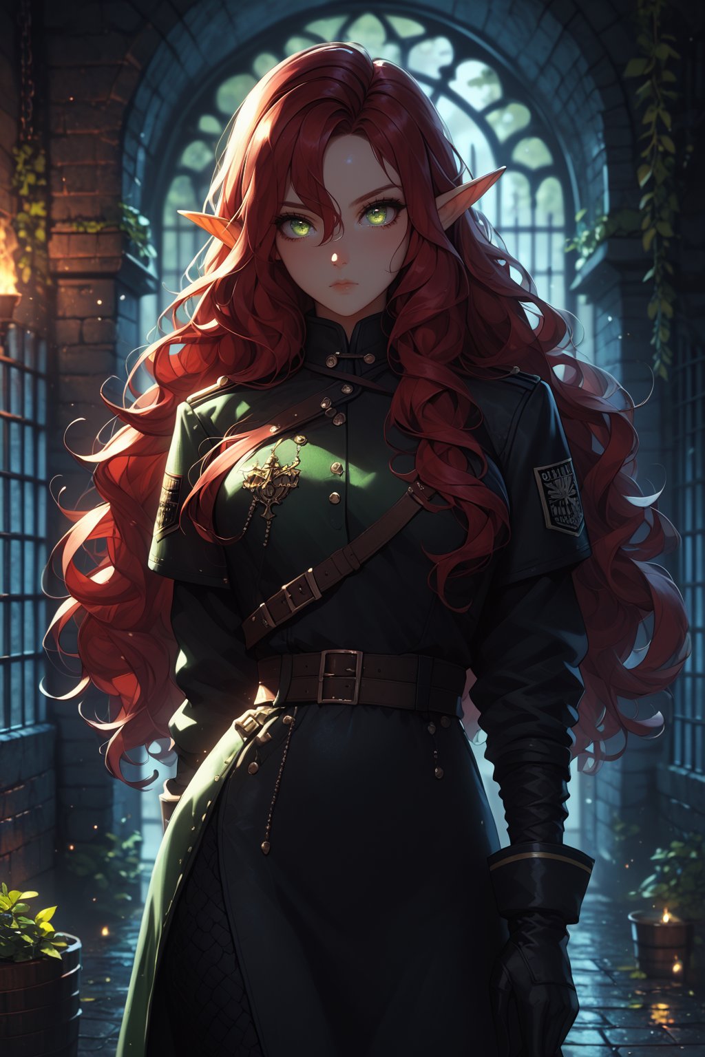 score_9, score_8_up, score_7_up, 1woman, ((elf ears)), solo, blush, ((serious expression)), ((red hair, wavy hair)), (lime green eyes, vivid eyes), HD32k, ((black medieval officer uniform, black gloves)), ((dark underground dungeon, standing next to prison cell)), looking at viewer, Expressiveh, slim, petite, high definition eyes, high gradient eyes, eyesHD, detailed eyes