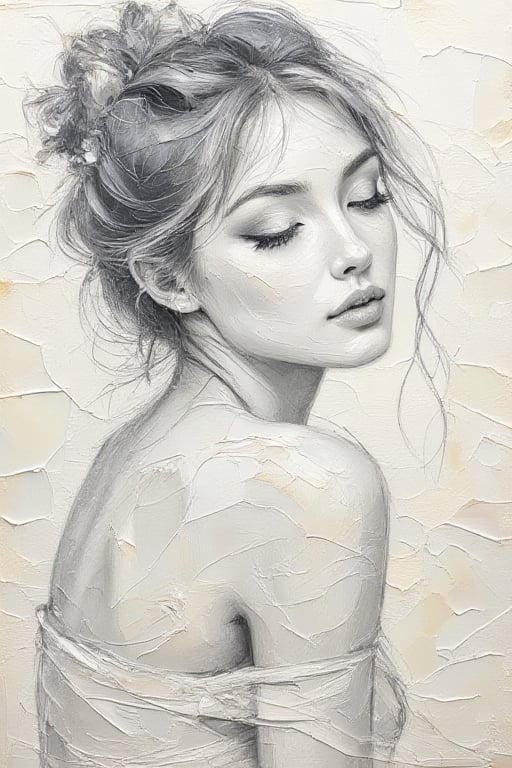 A simple sketch of a charming very beautiful girl with open shoulders, made with expressive lines and fine shading, demonstrates the artist's creative approach to conveying his features., focus on the face, textured white paper, watercolor background. Pin-up style.