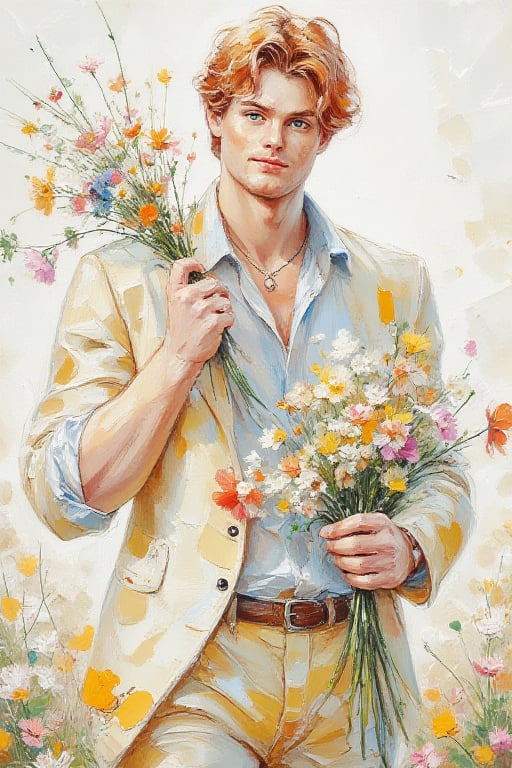 Detailed image, general picture, watercolor, acrylic, casual pose, handsome young man in a bright cotton suit with a bouquet of meadow flowers, fantasy art, with red hair and green eyes, inspired by Eleanor Vere Boyle, Sansa, Elvgren, veiled, druid, witcher