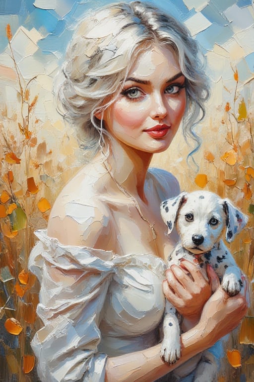 Detailed and photorealistic oil, everyday fantastic prose, steampunk, watercolor, acrylic, a white woman in an arbitrary pose, a Dalmatian puppy, a cornfield-style background by Jan Mankes, large expressive eyes, a meaningful look at the camera, a slight blush and a slight smile, sunlight and glare. The filigree drawing of all the small details, a complex dramatic plot.