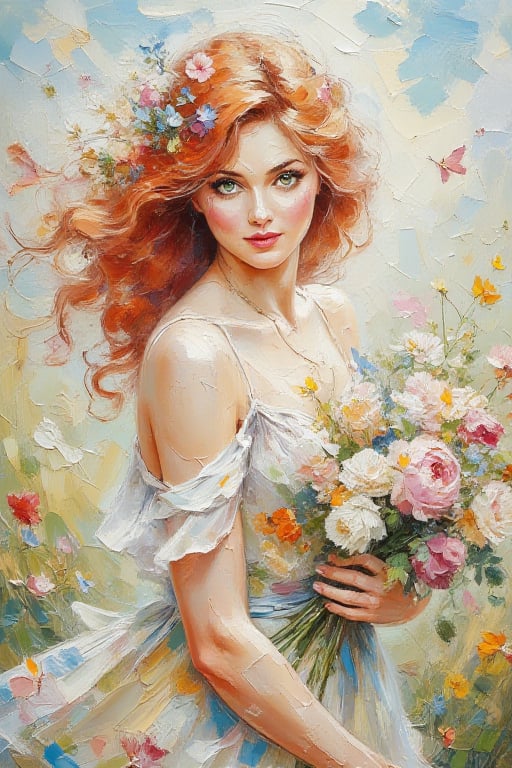 Detailed image, general picture, watercolor, acrylic, casual pose, woman in a bright cotton dress with a bouquet of meadow flowers, fantasy art, with red hair and green eyes, inspired by Eleanor Vere Boyle, Sansa, Elvgren, veiled, druid