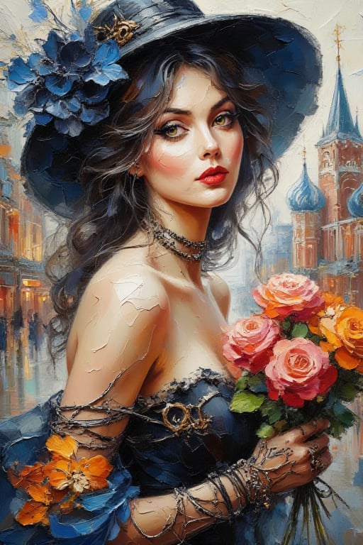 Detailed and photorealistic oil, casual fantasy prose, steampunk, a beautiful 40-year-old Russian woman with loose dark hair, in a stylish black hat, blue and orange accents on an elegant cocktail dress, intricate steampunk accessories, bright red lipstick that emphasizes facial features, contrasting lighting that emphasizes cheekbones, a meaningful look at the viewer, large expressive eyes, a bouquet of bright detailed roses in his hands, a bright detailed background of the Moscow Red Square.