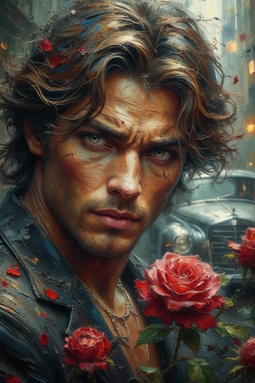 Photorealistic and detailed mass in large strokes, a random Russian post (((a very handsome brutal young man is a high-fashion model))), brown hair, bangs, ((green detailed meaningful eyes looking at the viewer, blush, a slight smile, a very beautiful face from the cover of the participant "Mr. Universe")), with a red rose in his hands, in a Baroque Chicago mafia boss costume, a 60s Mercedes in the background, darkness.