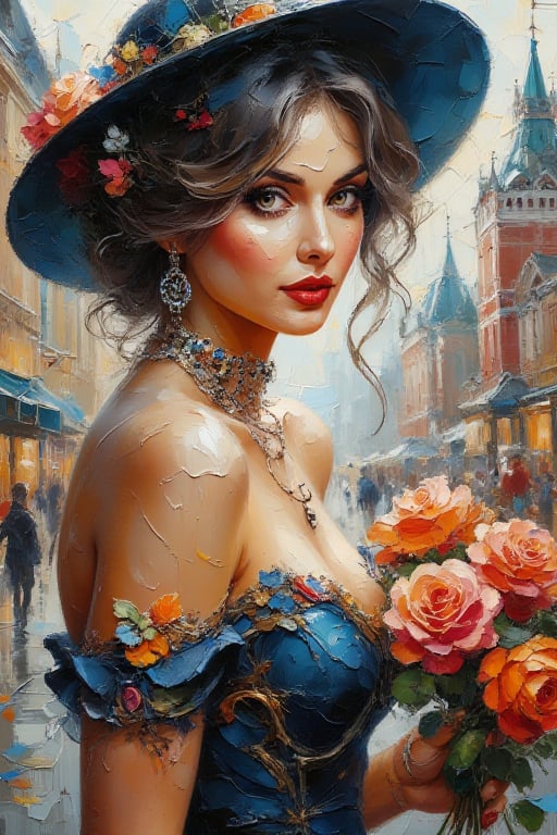 Detailed and photorealistic oil, casual fantasy prose, steampunk, a beautiful 40-year-old Russian woman with loose dark hair, in a stylish black hat, blue and orange accents on an elegant cocktail dress, intricate steampunk accessories, bright red lipstick that emphasizes facial features, contrasting lighting that emphasizes cheekbones, a meaningful look at the viewer, large expressive eyes, a bouquet of bright detailed roses in his hands, a bright detailed background of the Moscow Red Square.