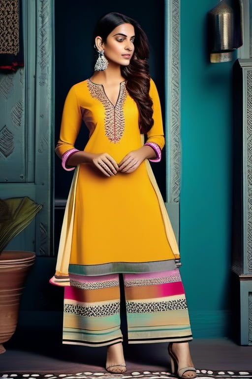 A 25-year-old Indian woman attending a family gathering, showcasing her cultural heritage in a beautifully embroidered kurti paired with matching palazzo pants. The kurti is adorned with intricate threadwork and has a knee-length cut, while the palazzos feature a subtle floral print. Her hair is styled in a sleek braid, and she wears traditional jhumka earrings. 