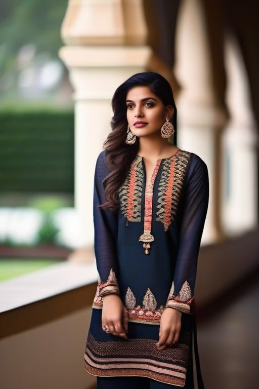 A 25-year-old Indian woman attending a family gathering, showcasing her cultural heritage in a beautifully embroidered kurti paired with matching palazzo pants. The kurti is adorned with intricate threadwork and has a knee-length cut, while the palazzos feature a subtle floral print. Her hair is styled in a sleek braid, and she wears traditional jhumka earrings. 