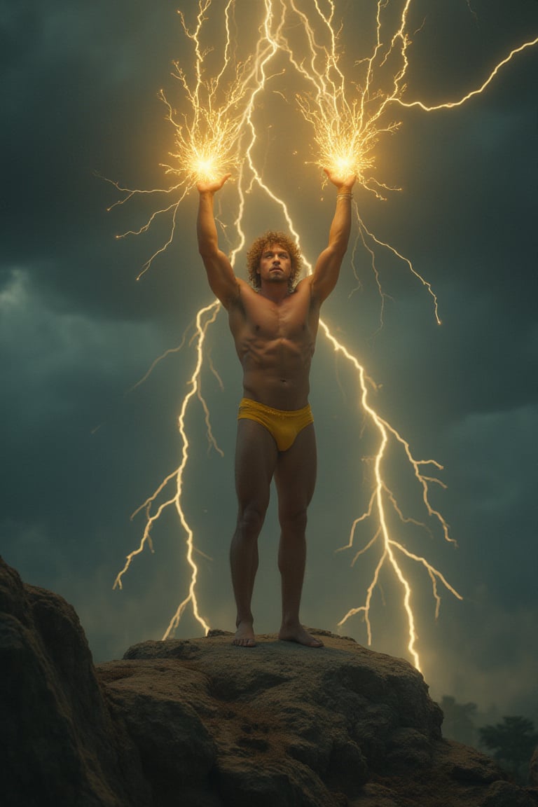 A man wears tiny yellow bikini bottom,  he is a lightning sorcerer standing on a rocky cliff during a thunderstorm,  with...