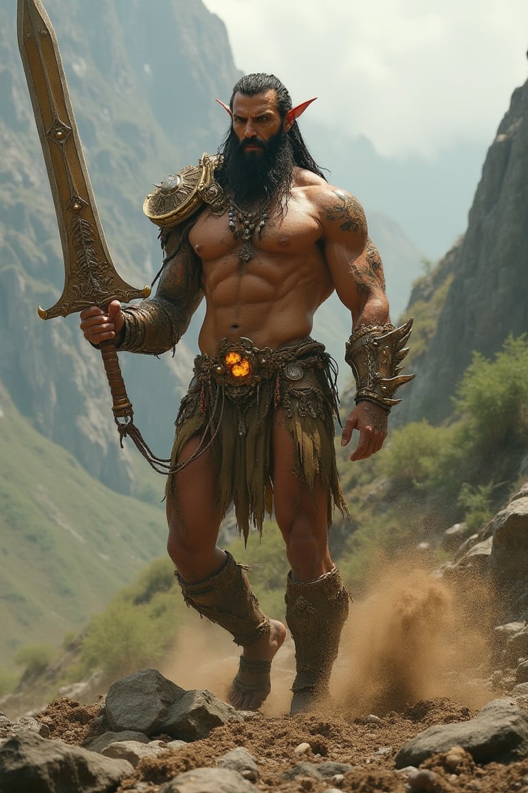 A man wearing brown tiny bikini bottom,  Don't chamge the bikini bottom even if you want,  He is an earth elemental warrio...