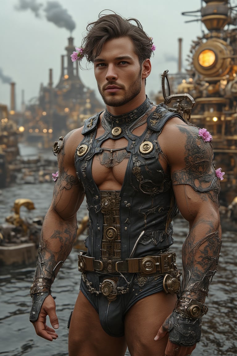 A man lower body wear tiny, tight-fitted, briefs style swimming suit speedo. 

A muscular man dressed in a steampunk-inspired open-collar upper body outfit, featuring a fitted leather vest with intricate brass gears and metal straps. 

His outfit and hair are both a rich shade of vibrant black, seamlessly blending together. Delicate flowers are woven into his tousled hair. 

His clothing includes metallic accents, giving a sleek, unified look. The background is a sprawling steampunk world, filled with towering brass machines, airships, and smokestacks emitting steam, all bathed in a warm, industrial glow. Full body view, emphasizing his confident stance and the detailed harmony of his outfit and hair.