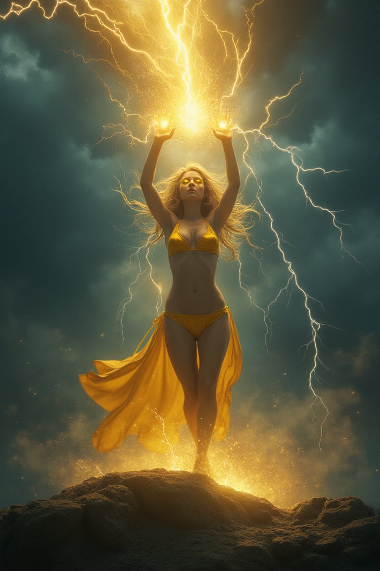 He wears yellow tiny bikini bottom,  he is a lightning sorcerer standing on a rocky cliff during a thunderstorm,  with cra...